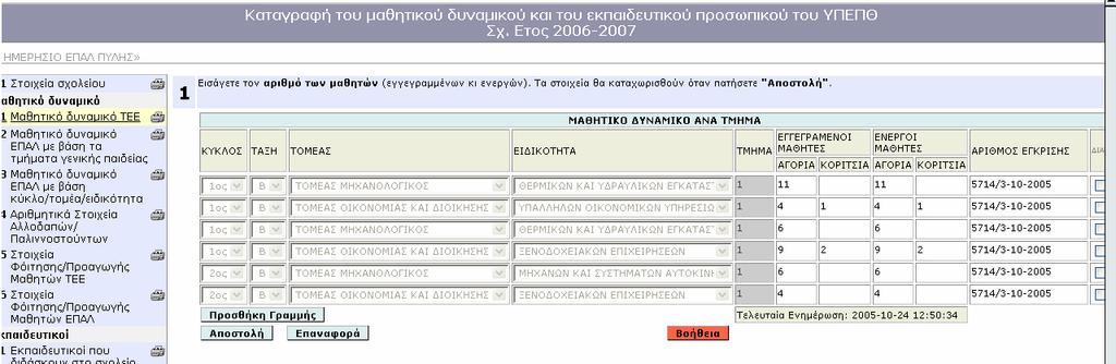 Μαθητικό υναµικό (ΕΠΑΛ) Φόρµα «Μαθητικό υναµικό ΤΕΕ» Η φόρµα αυτή χρησιµοποιείται για την καταχώρηση των στοιχείων της Β και Γ τάξης των ΤΕΕ.