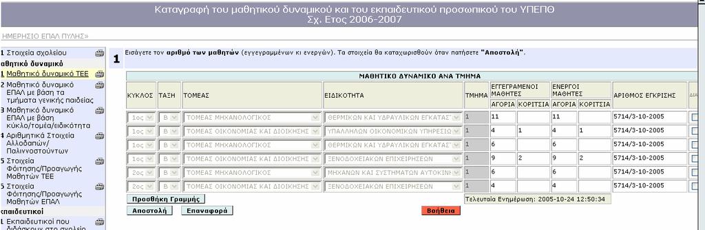 Μαθητικό υναµικό (ΕΠΑΛ) Φόρµα «Μαθητικό υναµικό ΤΕΕ» Η φόρµα αυτή χρησιµοποιείται για την καταχώρηση των στοιχείων της Β και Γ τάξης των ΤΕΕ.