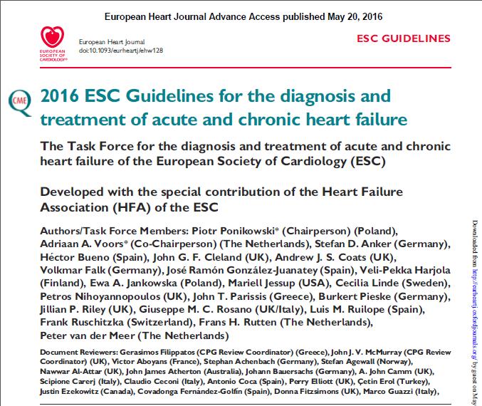 2016 ESC ESC HF Guidelines HF Guidelines and ACC/AHA/HFSA and ACC/AHA/HFSA Focused Updates Ponikowski P et al., ESC Guidelines for the diagnosis and treatment of acute and chronic heart failure.