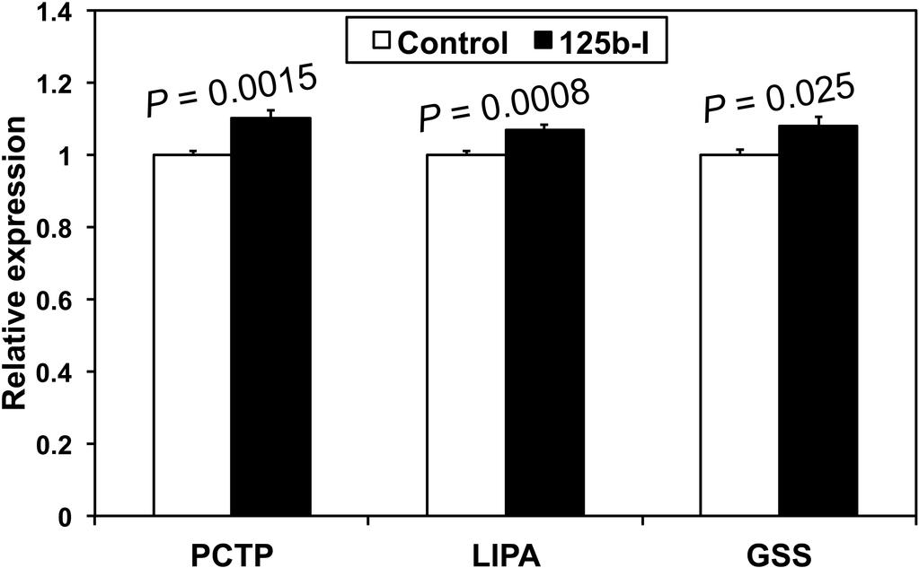 Figure S3. Transfecting DAUDI cells with 125b-I increases slightly but significantly the expression of luciferase constructs containing PCTP, LIPA or GSS 3 -UTRs.