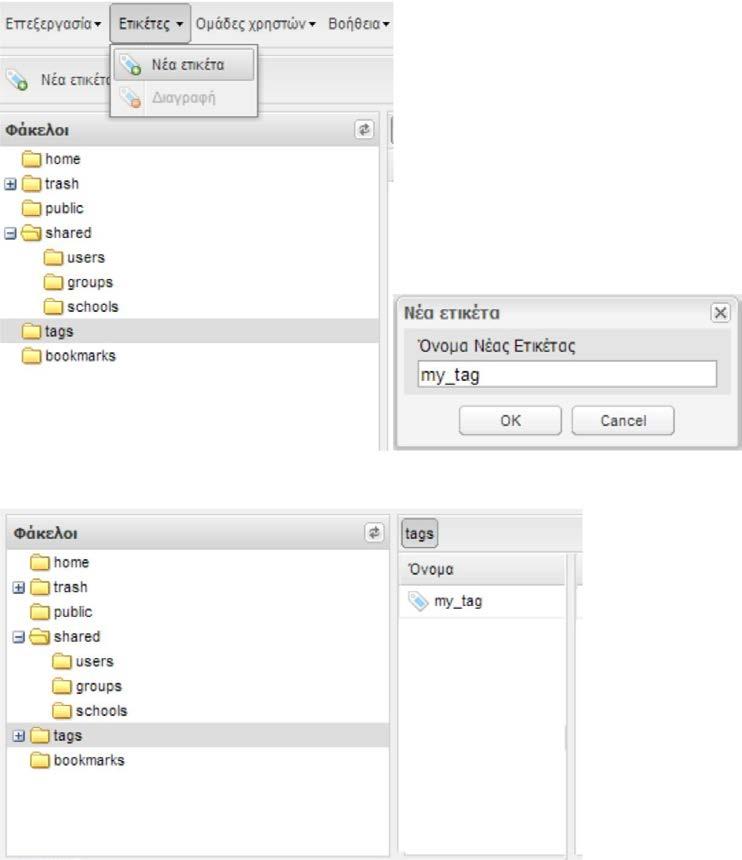 2.3.1.2 Μενού «Ετικέτες» Αφού έχουμε επιλέξει το φάκελο tags από το αριστερό pane και επιλέξουμε το κουμπί δίνεται η δυνατότητα να δημιουργήσουμε νέες ή να διαχειριστούμε υπάρχουσες ετικέτες., μας 2.