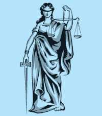 Η δικαιοσύνη στο ένα χέρι κρατάει την ζυγαριά, που συμβολίζει την αθωότητα ή την ενοχή του κατηγορουμένου και στο άλλο χέρι κρατάει το σπαθί που συμβολίζει την ενοχή του κατηγορουμένου (τον πέλεκυ