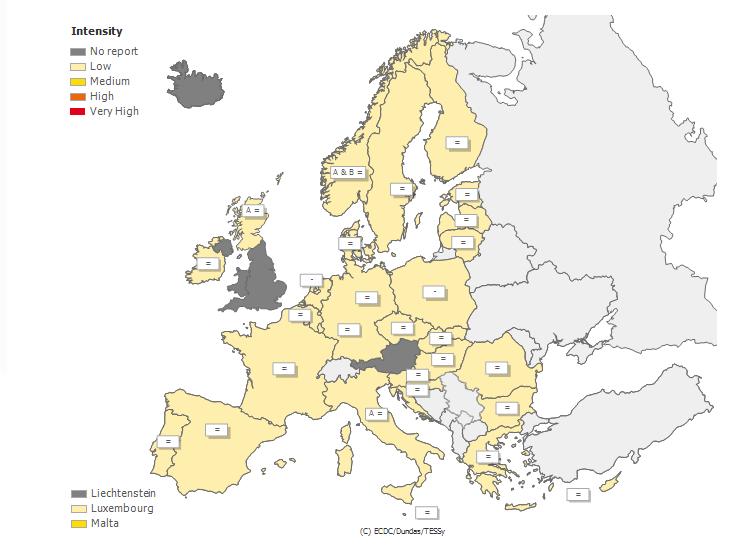 Δπίζεο, 63 θιηληθά δείγκαηα πνπ ειήθζεζαλ από λνζνθνκεία θαηά ηελ εβδνκάδα 47/2014 ήηαλ ζεηηθά γηα ηνύο γξίπεο θαη ζπγθεθξηκέλα 46 (73%) ήηαλ ηύπνπ Α θαη 17 (27%) ηύπνπ Β.