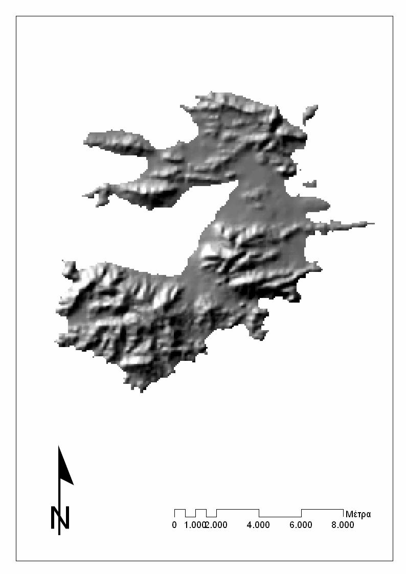4.5.1 Σκίαση του Ανάγλυφου (hillshade) Η εφαρμογή της συνάρτησης της σκίασης, δίνει την δυνατότητα αναπαράστασης της γήινης επιφάνειας με τονικές παραλλαγές που οφείλονται