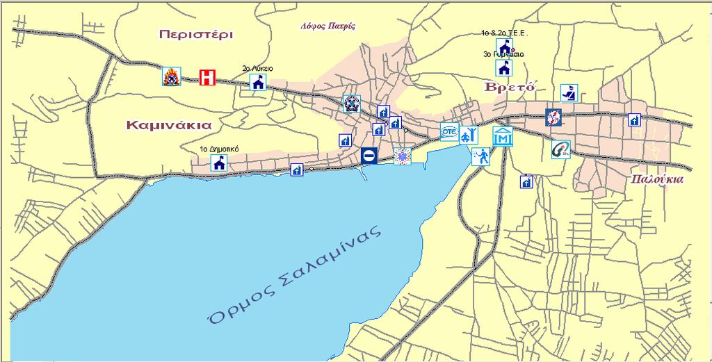 Η χρωματική διαφοροποίηση πραγματοποιείται σε σύμβολα - θέσεις που είτε είναι ιδιαίτερα σημαντικές (π.χ. νοσοκομεία, φαρμακεία κ.α.) είτε ποιοτικά διαφοροποιούνται από τις κοινωφελείς υπηρεσίες και θέσεις (π.