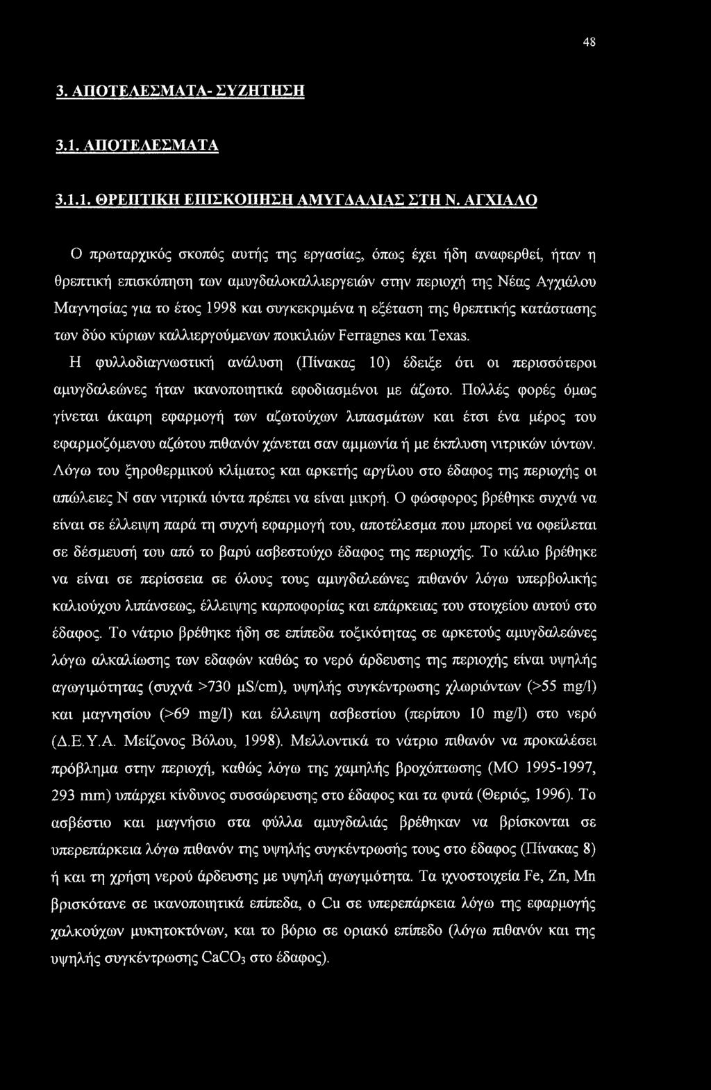 συγκεκριμένα η εξέταση της θρεπτικής κατάστασης των δύο κύριων καλλιεργούμενων ποικιλιών Ferragnes και Texas.