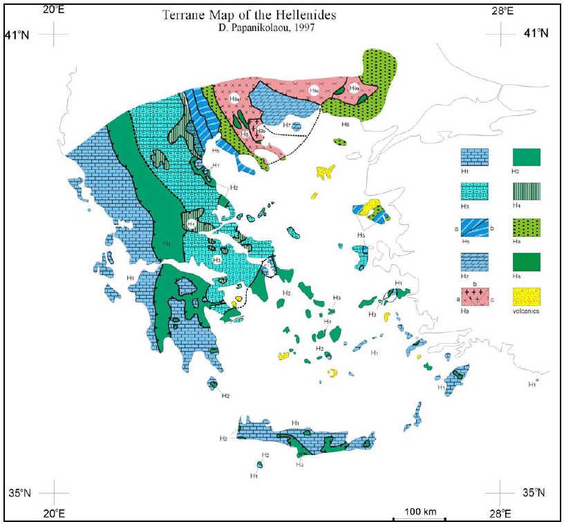 Χάρτης τεκτονικών πεδίων των Ελληνίδων Γεωλογικά χαρακτηριστικά (γεωτεκτονικές ζώνες) Γεωλογικά, όπως φαίνεται και στο γεωλογικό χάρτη που ακολουθεί, η Ελλάδα χωρίζεται στις παρακάτω ζώνες (µε