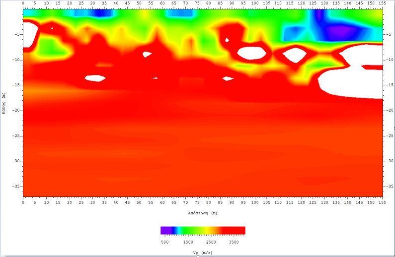 Γραμμή μελέτης F30 Στο Σχήμα: 4.10 το σεισμικό μοντέλο (πάνω) και η γεωηλεκτρική τομή (κάτω) που πρόκυψε από τη συνδυασμένη αντιστροφή.