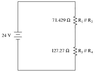 Mărime R1 R2 R3 R4 Total Unitate E 24 V I A R 100 250 350 200 Ω Simplificarea circuitului În exemplul de mai sus, rezistorii R 1 şi R 2 sunt conectaţi în paralel; la fel şi R 3 cu R 4.