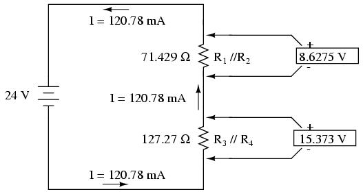 Mărime R1 R2 R3 R 4 R1 // R 2 R3 // R 4 R1 // R 2 -- R 3 // R 4 (Total) Unitate E 8,6275 15,373 24 V I 120,78 120,78 120,78 A R 100 250 350 200 71,429 127,27 198,70 Ω Determinarea