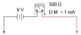 Începem cu un circuit simplu, format din mecanismul de măsură şi o baterie: Când avem o rezistenţă infinită (nu există continuitate între cele două sonde), curentul prin circuitul intern al