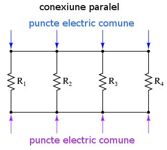 Şi în acest caz avem tot 3 rezistori, dar de data această există mai multe căi pentru curgerea electronilor. Există o cale de la 8 la 7, 2, 1 şi înapoi la 8.