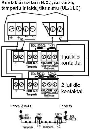 Jei suveikia jutiklis, spindulio varža padvigubėja. Tokia schema naudojama signalizacijos valdikliuose su laidinės linijos tikrinimu.