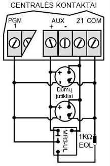 55 6.2.4. Dūmų jutiklių prijungimas Signalizacijos valdiklyje viena zona (didžiausio numerio, pvz.:4 -a zona arba 6 a zona.) užprogramuojama kaip gaisrinė.