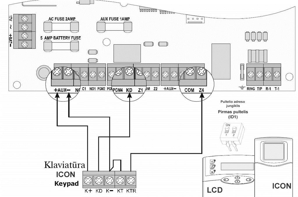 56 6.2.5. Signalizacijos valdiklio Matrix 424 komponentų montažas Pastaba. Informacijos šaltinis Installation manual MATRIX 424/832/832+. Montažas pradedamas nuo valdymo pultelio prijungimo.