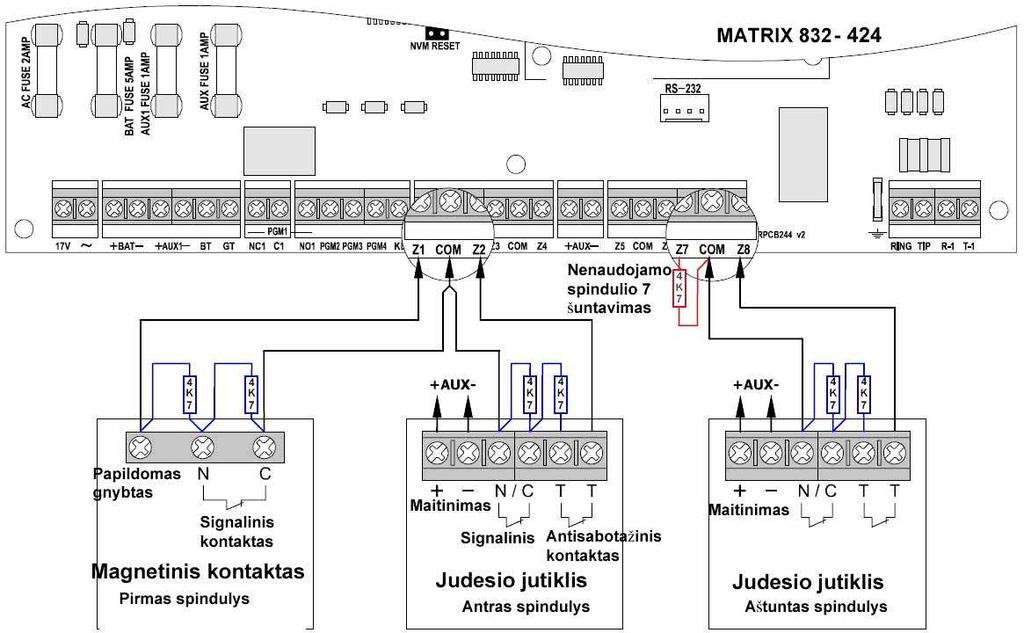 Paprastas jutiklių prijungimas be galinių rezistorių matomas 6.18 pav. Antisabotažiniai kontaktai jungiami prie bet kurios zonos. 58 6.18 pav. Jutiklių prijungimas be galinių rezistorių Jungimas su galiniais rezistoriais parodytas 6.