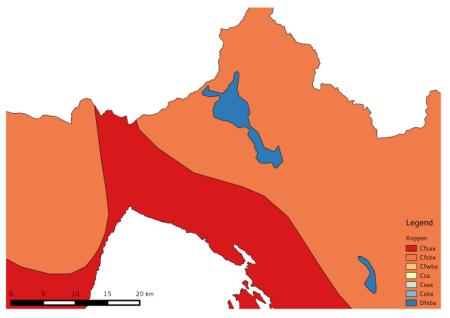 22 C. Slika 2-1. Prostorna razdioba tipova klime prema Thornthwait-u (lijevo) i Koppenu (desno) 2.3.1. Analiza meteoroloških parametara Analiza meteoroloških podataka provedena je s obližnje klimatološke postaje Rijeka (Tablica 2-4.