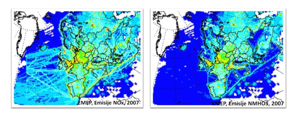 Slika 5-19. Emisije NOx i HOS-a na području Europe (2007. godine) Izvor: DHMZ, 2012.