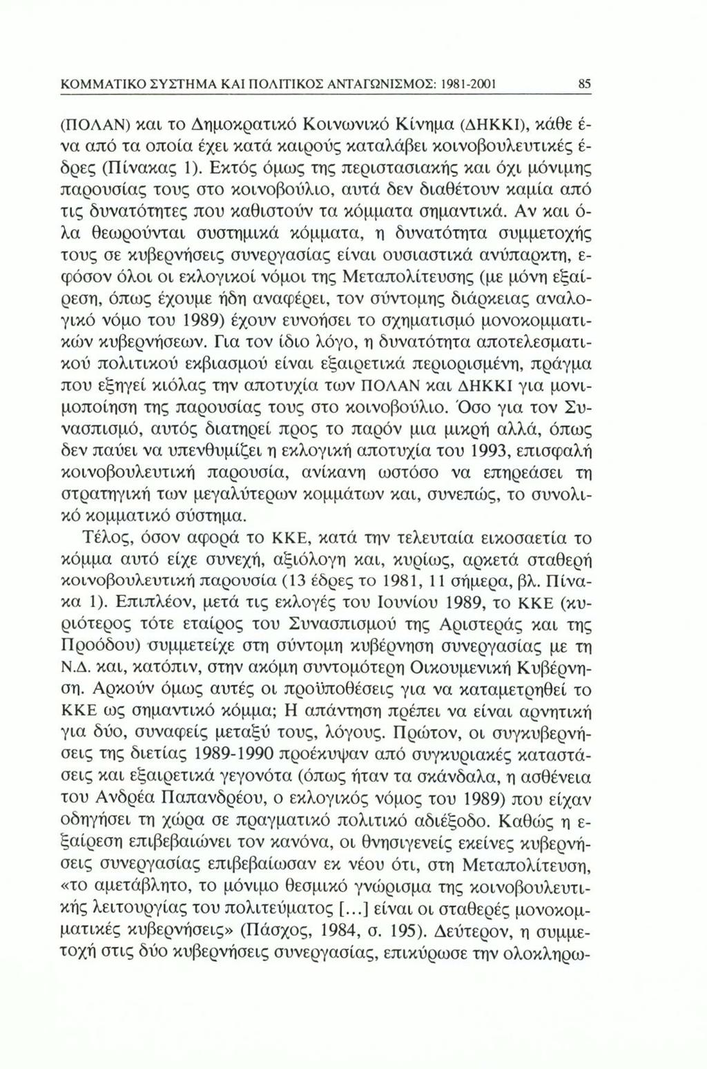 ΚΟΜΜΑΤΙΚΟ ΣΥΣΤΗΜΑ ΚΑΙ ΠΟΛΙΤΙΚΟΣ ΑΝΤΑΓΩΝΙΣΜΟΣ: 1981-2001 85 (ΠΟΛΑΝ) και το Δημοκρατικό Κοινωνικό Κίνημα (ΔΗΚΚΙ), κάθε έ να από τα οποία έχει κατά καιρούς καταλάβει κοινοβουλευτικές έ δρες (Πίνακας 1).