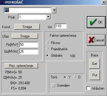 Za transformator se unosi naziv T1, aktivira se tipka # s kojom se taj naziv ispisuje pored transformatora. U nastavku se unesu podaci kao na slici.
