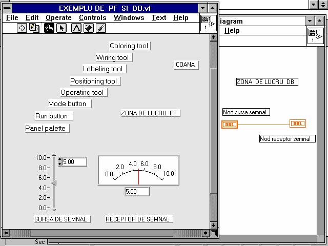 Fig. 19 Ferestre de lucru Puterea limbajului grafic de programare LabVIEW constă tocmai în bogăţia extraordinară a acestor două meniuri şi în posibilităţile de a selecta şi de a utiliza cu eficienţă