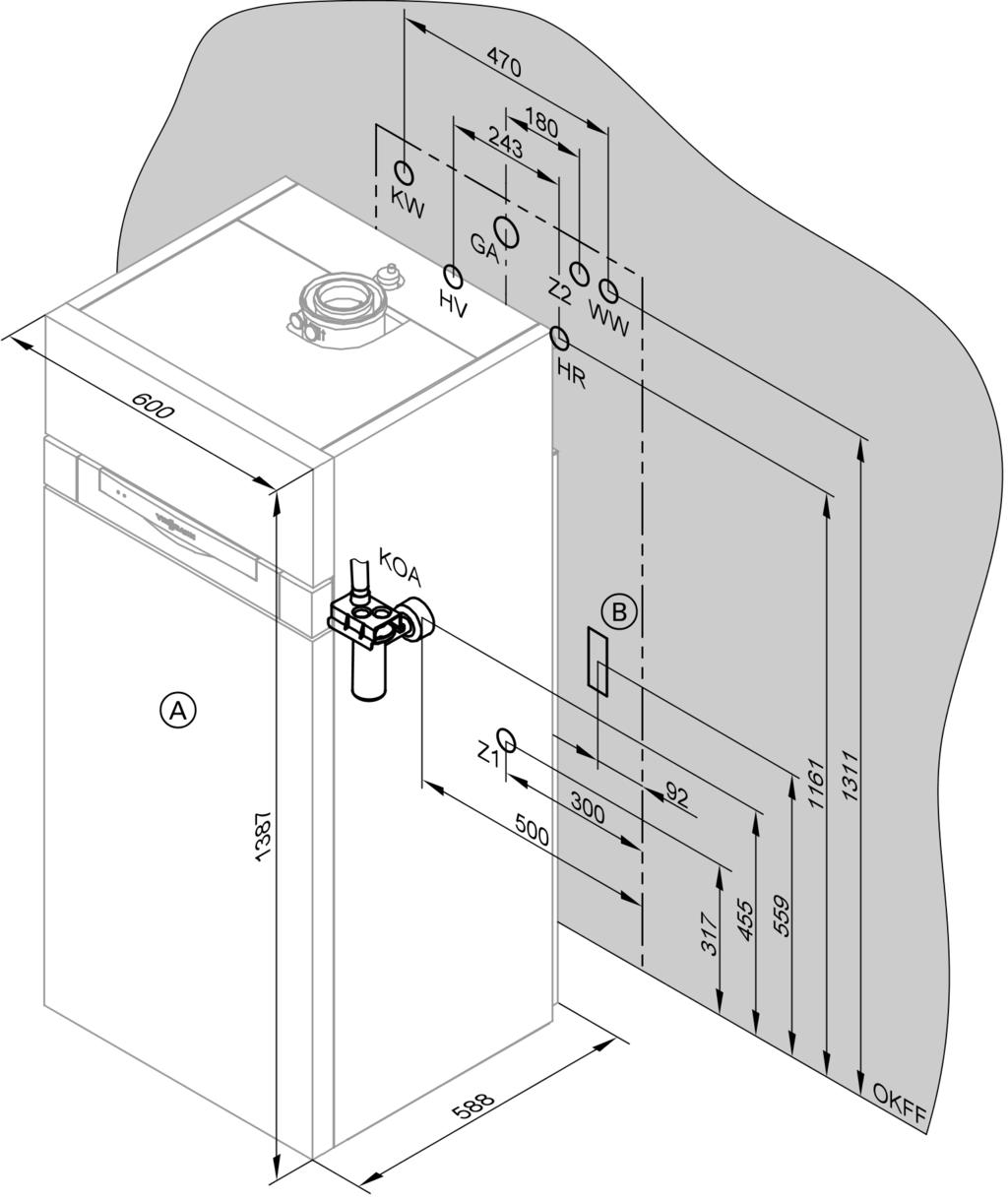 Montajul pe un perete nefinisat (continuare) Pregătiri de instalare pe perete nefinisat fără set de racordare A B GA HR HV Vitodens 333 (dimensiuni exterioare) Spaţiu pentru cablurile de alimentare