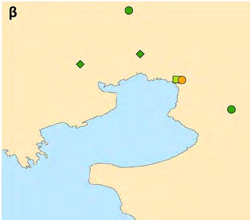 Μέση ετήσια συγκέντρωση ΝΟ 2 για το 2016, στις περιοχές (α) Αθήνας και (β) Θεσσαλονίκης (κύκλοι: σταθμοί υποβάθρου, τετράγωνα: σταθμοί κυκλοφορίας, ρόμβοι: βιομηχανικοί σταθμοί) Στην Εικόνα 2.3.