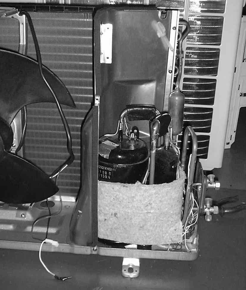 OPERATING PROCEDURE 4. Removing the compressor () Remove the cabinet. (Refer to.) (2) Remove the relay panel. (3) Remove the soundproof felt. (4) Remove the terminal cover on the compressor.