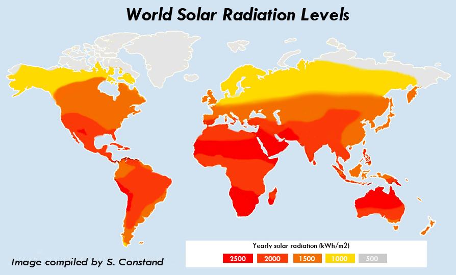 Εικόνα 1.12: Από την διεθνή βάση δεδομένων PVGIS βλέπουμε χρωματικά τα επίπεδα της ετήσιας προσπίπτουσας ηλιακής ακτινοβολίας στην Γη 1.4.