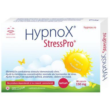 Hypnox StressPro Pentru o zi frumoasa! O formula antistres inovatoare, premiata, pe baza de Lactium. Formula imbunatatita prin adaugirea vitaminei C care ajuta la mentinerea sanatatii psihice.