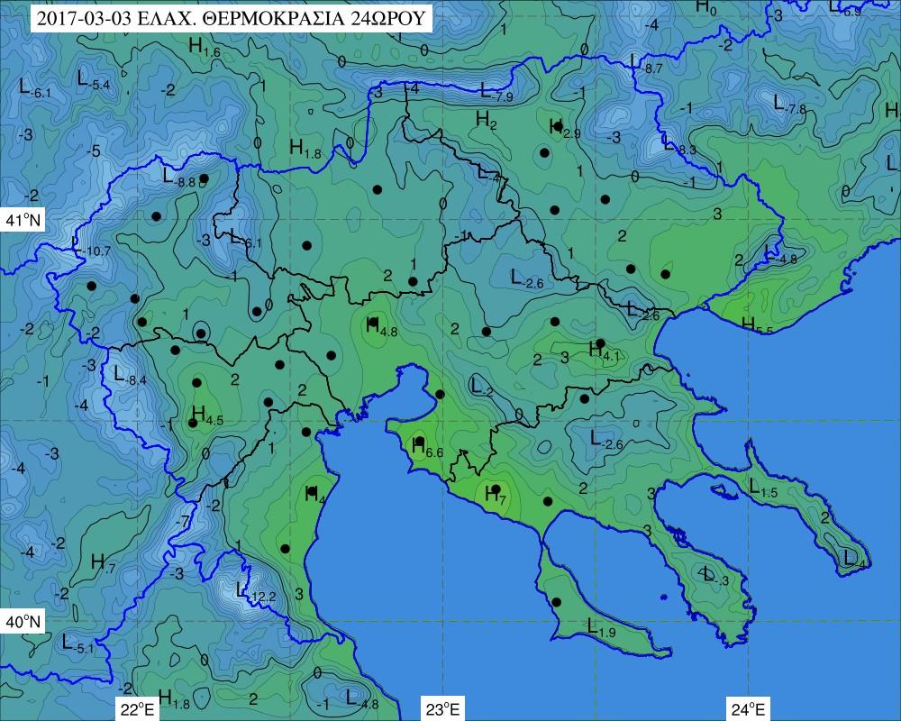 Παράρτημα Δ Σχήμα ΠΔ.1: Απόλυτη ελάχιστη θερμοκρασία 5 (οc) στις 03/03/2017, όπως προέκυψε με βάση τα δεδομένα των ΑΜΣ του δικτύου της 3Δ. Α.Ε. Οι κουκκίδες δηλώνουν τις θέσεις των ΑΜΣ.