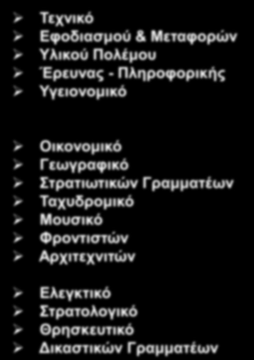 Σώματα Τεχνικό Εφοδιασμού & Μεταφορών Υλικού Πολέμου Έρευνας - Πληροφορικής Υγειονομικό Οικονομικό Γεωγραφικό