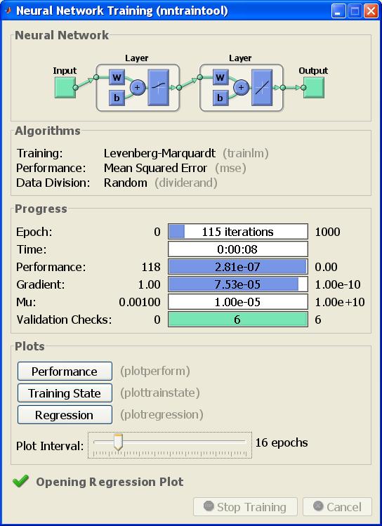 Potom je možné nastaviť parametre siete, alebo nechať implicitné nastavenie: net.trainparam.lr = 0.05; net.trainparam.epochs = 300; net.trainparam.goal = 1e-5; Pri vytvorení je sieť automaticky inicializovaná.