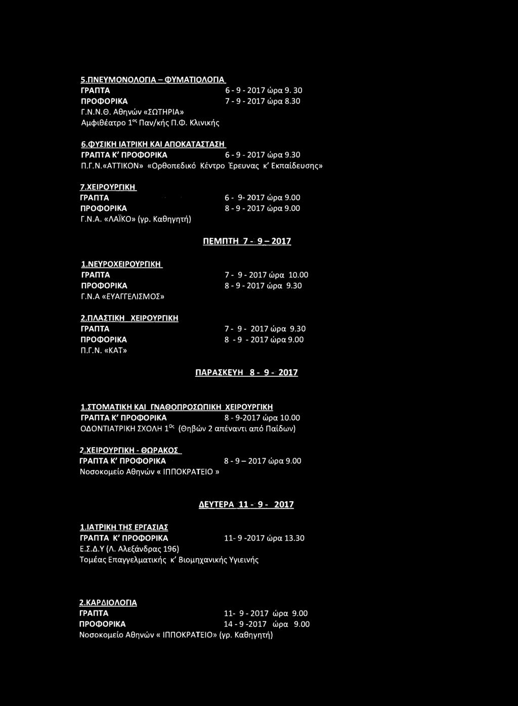 5.ΠΝΕΥΜΟΝΟΛΟΓΙΑ - ΦΥΜΑΤΙΟΛΟΓΙΑ ΓΡΑΠΤΑ 6-9 - 2017 ώρα 9. 30 7-9-2017 ώρα 8.30 Γ.Ν.Ν.Θ. Αθηνών «ΣΩΤΗΡΙΑ» Αμφιθέατρο 1 ος Παν/κής Π.Φ. Κλινικής 6.
