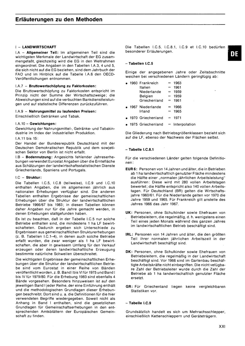 Erläuterungen zu den Methoden I LANDWIRTSCHAFT LA Allgemeiner Teil: Im allgemeinen Teil sind die wichtigsten Merkmale der Landwirtschaft der EG zusammengefaßt, gleichzeitig wird die EG in den
