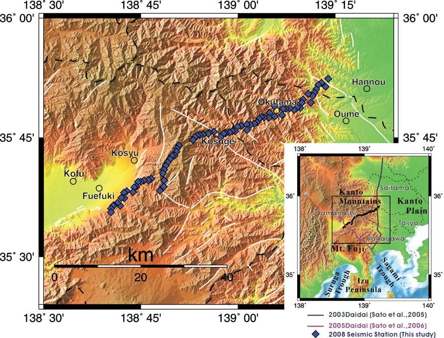 Fig. +. Location map of the,**2 dense seismic array observation. The study area is indicated by solid square (insert map). The white lines indicate surface trace of the faults.