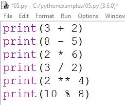 Αριθμητικοί Τελεστές Τελεστής Πράξη Παράδειγμα + Πρόσθεση print(3 + 2) - Αφαίρεση print(8-5) * Γινόμενο print(2 * 6) / Διαίρεση print(3 / 2) ** Ύψωση σε δύναμη print(2