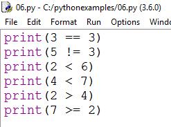Τελεστές Σύγκρισης Τελεστής Πράξη Παράδειγμα == Ισότητα print(3 == 3)!= Ανισότητα print(5!