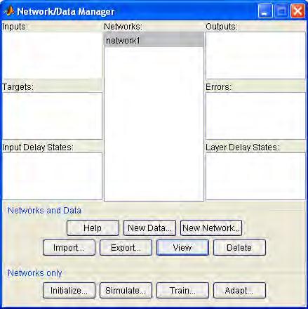 εντολή nntool στο περιβάλλον της Matlab προκύπτει ένα παράθυρο, όπως αυτό της Εικόνας 8.
