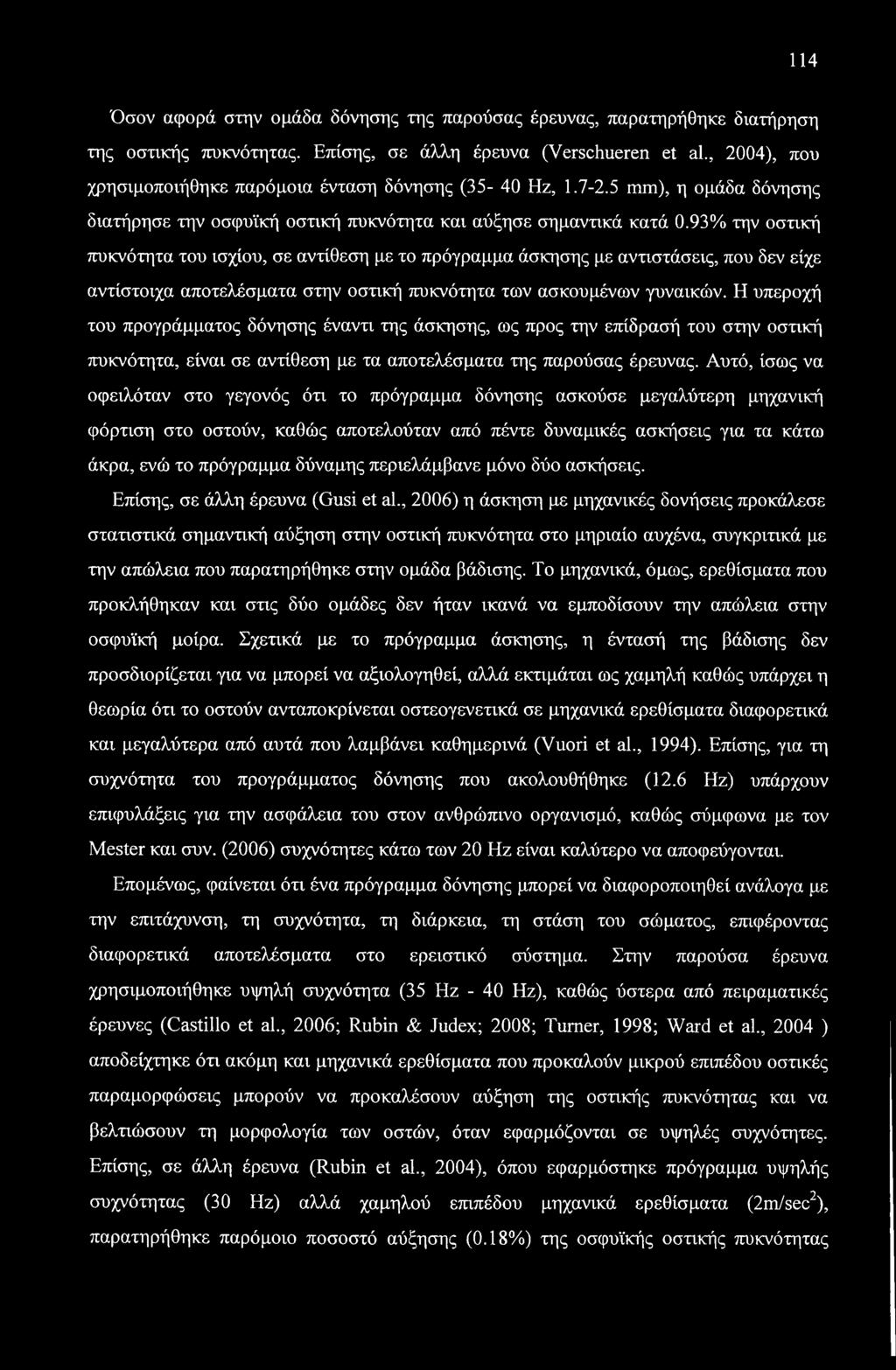114 Όσον αφορά στην ομάδα δόνησης της παρούσας έρευνας, παρατηρήθηκε διατήρηση της οστικής πυκνότητας.