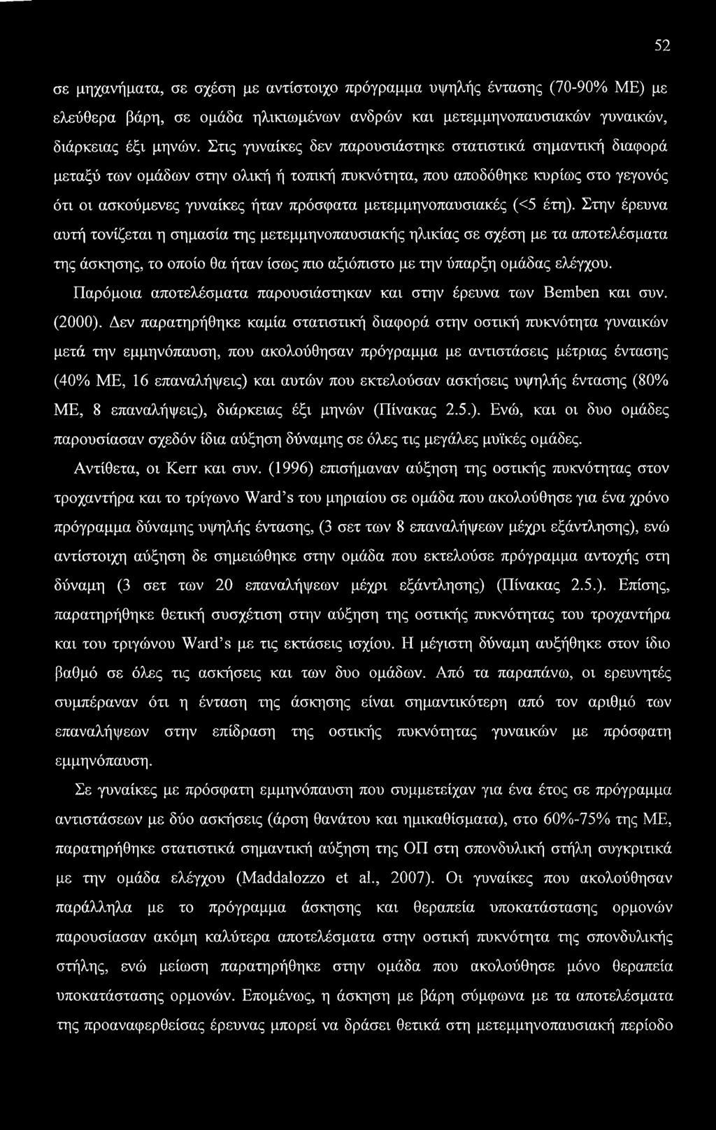 52 σε μηχανήματα, σε σχέση με αντίστοιχο πρόγραμμα υψηλής έντασης (70-90% ΜΕ) με ελεύθερα βάρη, σε ομάδα ηλικιωμένων ανδρών και μετεμμηνοπαυσιακών γυναικών, διάρκειας έξι μηνών.
