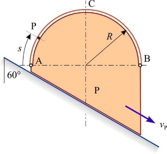 Duž kružnog žlijeb n prizmi gib se čestic P tko d joj se kriocrtn koordint mijenj prem zkonu: s t m. 4 Odrediti psolutnu brzinu i psolutno ubrznje čestice kd dođe u položj C ko je R 0,5 m. Slik Z.5.3.