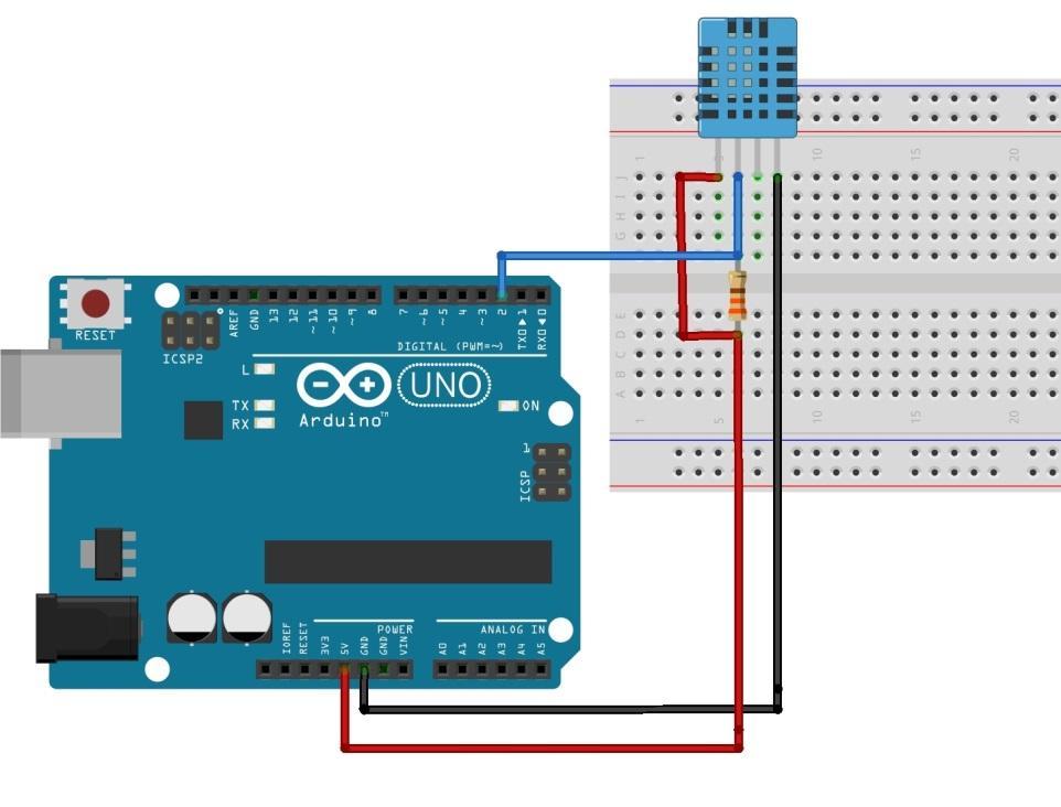 Εικόνα 15:Σύνδεση DHT11 και Arduino Πέρα από την τροφοδοσία λοιπόν το μόνο που χρειάζεται είναι η σύνδεση του ψηφιακού pin εξόδου του DHT11 με μία ψηφιακή είσοδο του Arduino, ενώ το 3 ο pin του