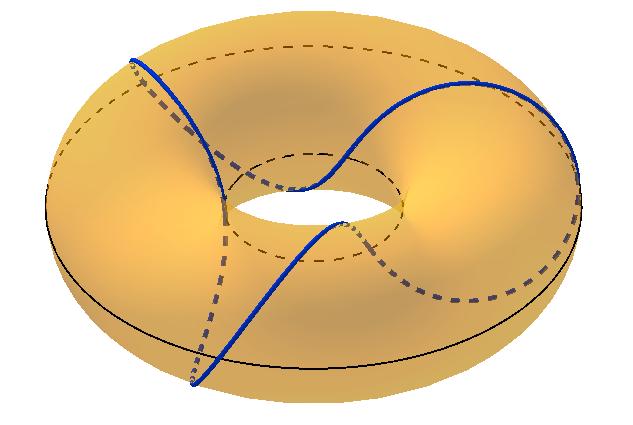 loksodromo s kotom α = π/6. Dobimo c = 3 in b tg α/c = 1/3. Loksodroma se trikrat ovije okoli središčnice in enkrat okoli osi torusa (slika 20). Slika 20: Loksodroma na torusu za m = 1, n = 3.