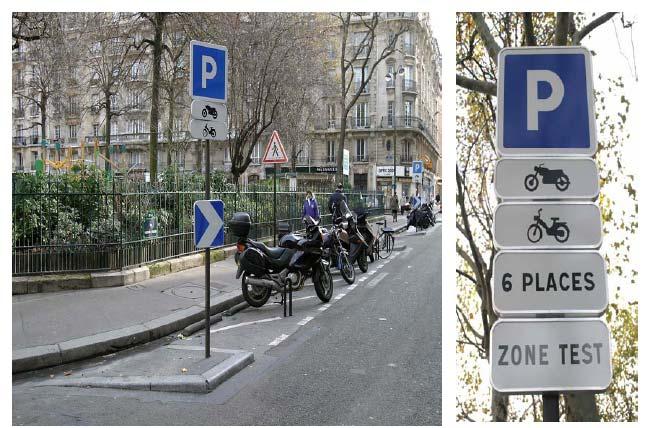 Εικόνα 9: Διαγραμμισμένες θέσεις στάθμευσης υπο γωνία σε πόλη της Γαλλίας Εικόνα 10: Παράλληλη στάθμευση δικύκλων Οι θέσεις στάθμευσης δικύκλων θα μπορούσαν να χωροθετηθούν και σε αποστάσεις