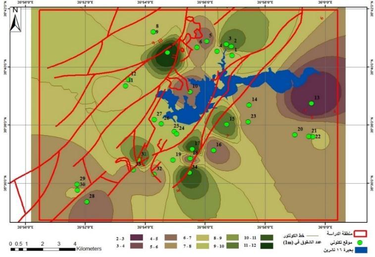 دراسة خصائص الشقوق في الجزء األوسط من حوض نهر الكبير الشمالي شكل )4( خارطة تساوي عدد الشقوق الوسطي في 1 م في محطات القياس من الشكل ل 4 نجد ازدياد معدل التشقق بالقرب من الصدوع في األج ازء الشمالية وذل
