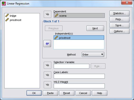 Primer in reševanje v SPSS - u 4. Zahtevamo linearno regresijo (Analyze Regression Linear).