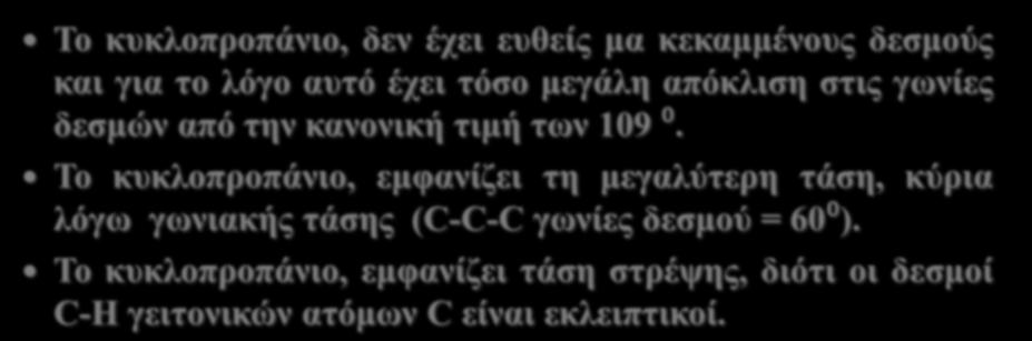 Διαμορφώσεις κυκλοαλκανίων Κυκλοπροπάνιο: Εμφανίζει τη μεγαλύτερη τάση Το κυκλοπροπάνιο, δεν έχει ευθείς μα