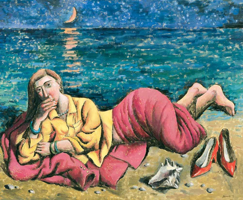 *102 Παύλος Σάμιος (γ. 1948) Καλοκαιρινή νύχτα υπογεγραμμένο και χρονολογημένο κάτω δεξιά και στην πίσω όψη: Samios 13 ακρυλικό σε μουσαμά, 100 x 120 cm. 4.000-6.