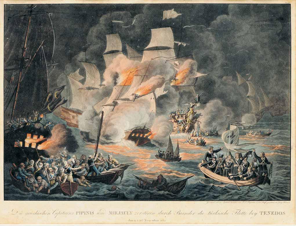 117 Johann Lorenz Rugendas (1775-1826) Die griechischen Capitains Pipinis und Miejauly zerstören durch Brander die türkische Flotte bei Tenedos, den 9 & 10 ten November 1822 (Augsburg, J. L. Rugendas, π.